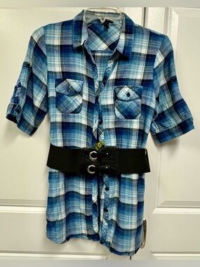 FANG Womens Flannel Plaid Button Shirt Top Med Blue Rolled Short Sleeve W Belt